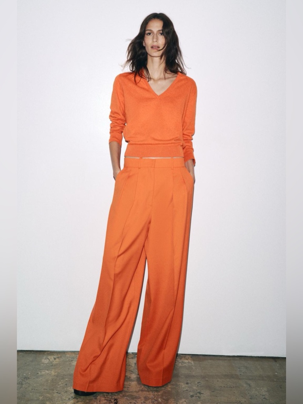 Zara Wide-Leg High-Waist Pants in Bright Orange